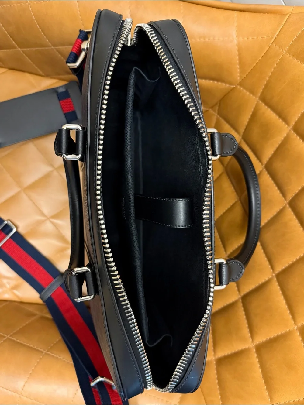 Gucci Black GG Supreme Laptop Bag with Navy & Red Web Strap